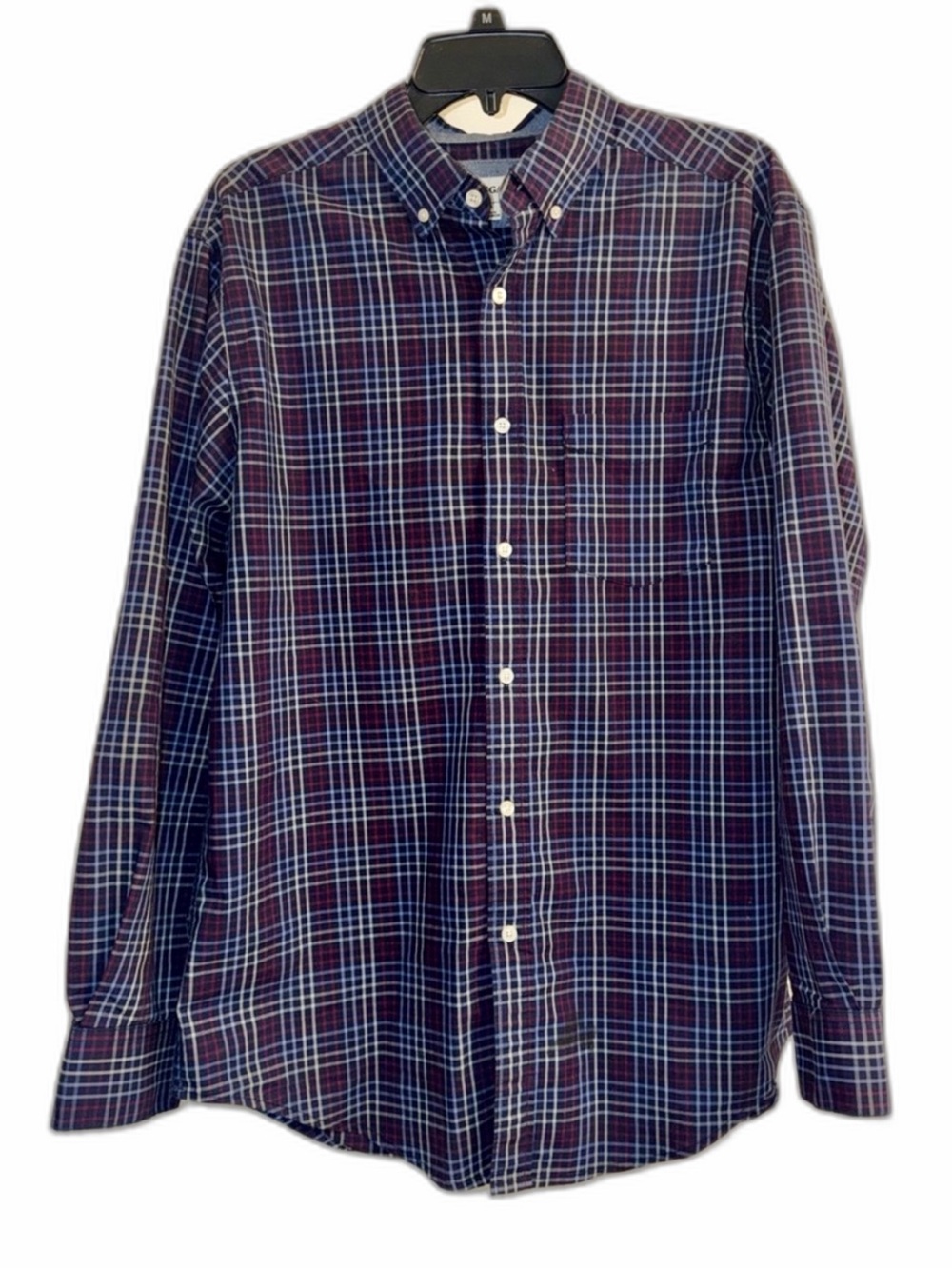 Haggar Navy and Burgundy Plaid Button-Down Shirt